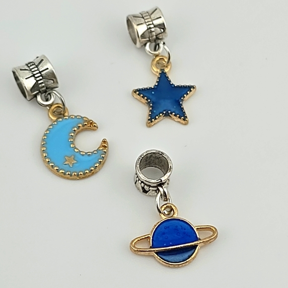Celestial Charm Lot Star Moon Saturn Blue Enamel Dangle Beads for Bracelets - Picture 1 of 3
